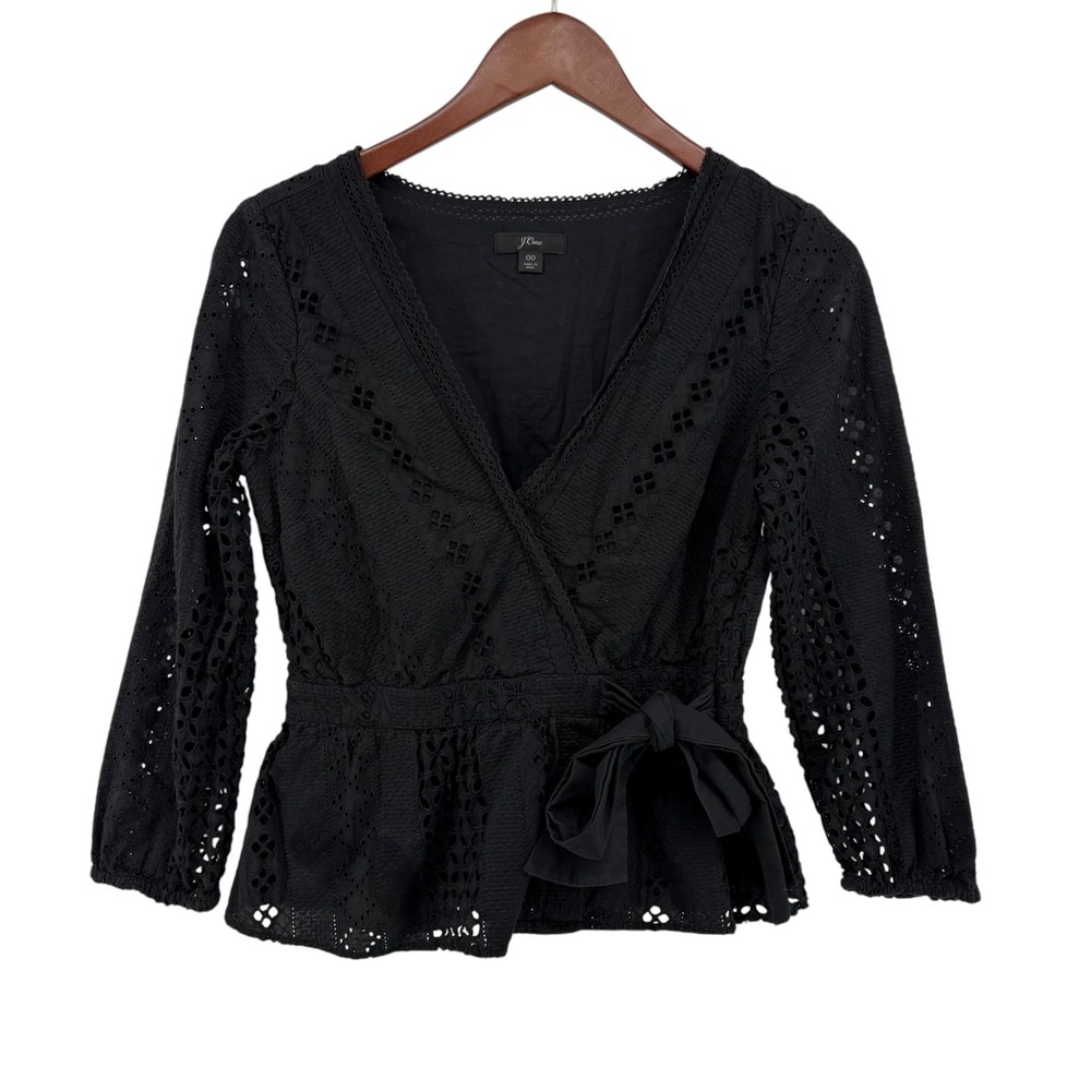 J.Crew Black Eyelet Wrap Peplum Top Size 00 Cotton Boho